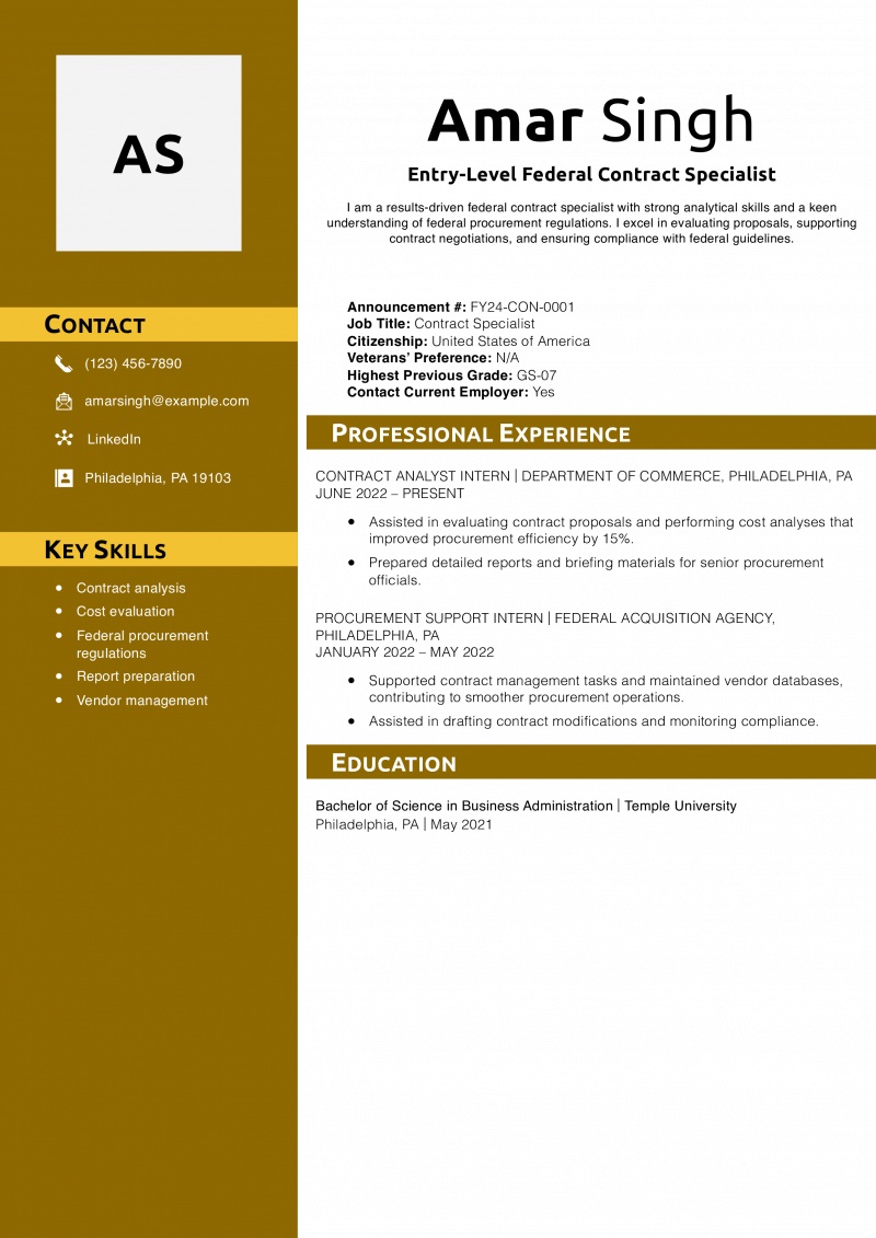 Entry-Level Federal Contract Specialist Resume Example