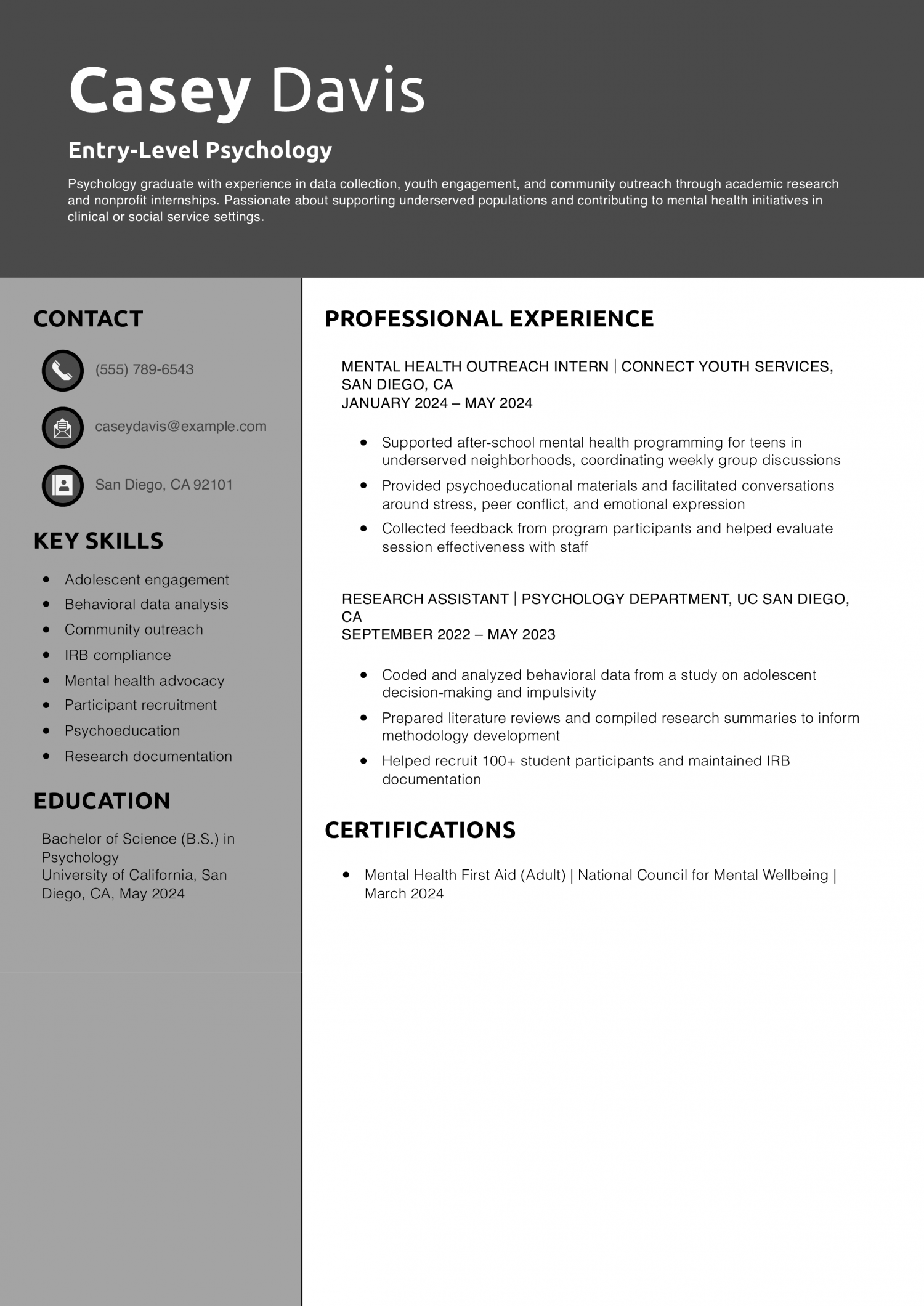 Entry-Level Psychology Resume