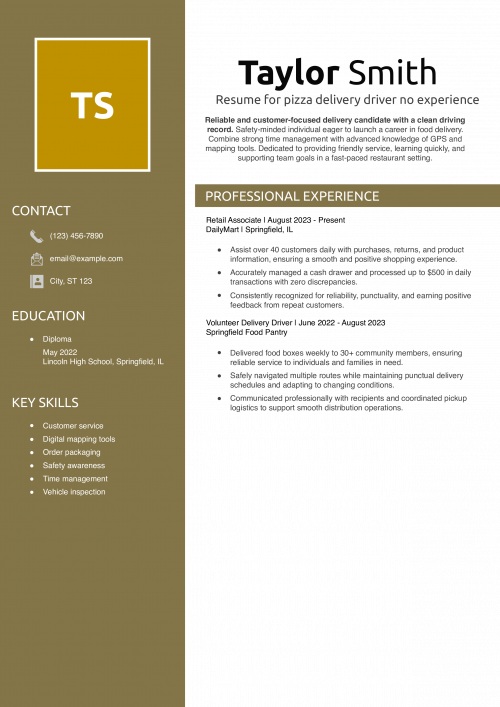 Resume for pizza delivery driver no experience Resume Example
