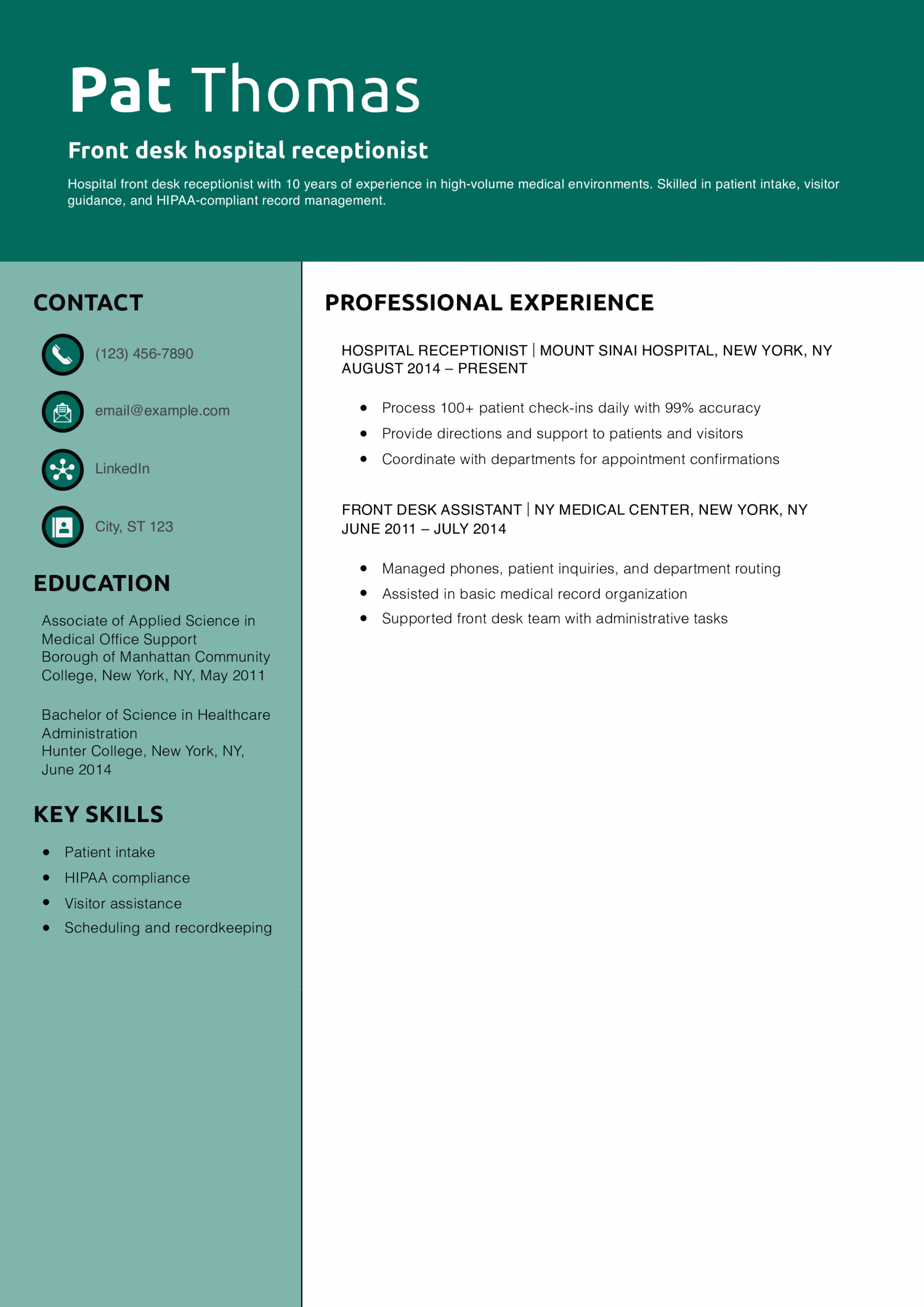 Front desk hospital receptionist resume example