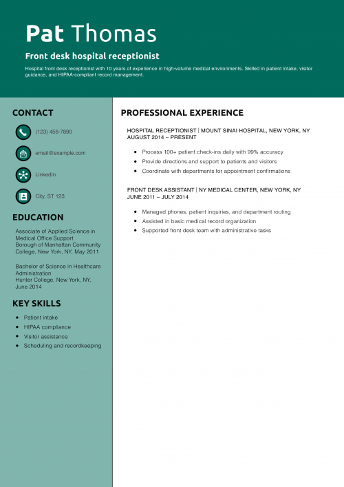 Front desk hospital receptionist resume example