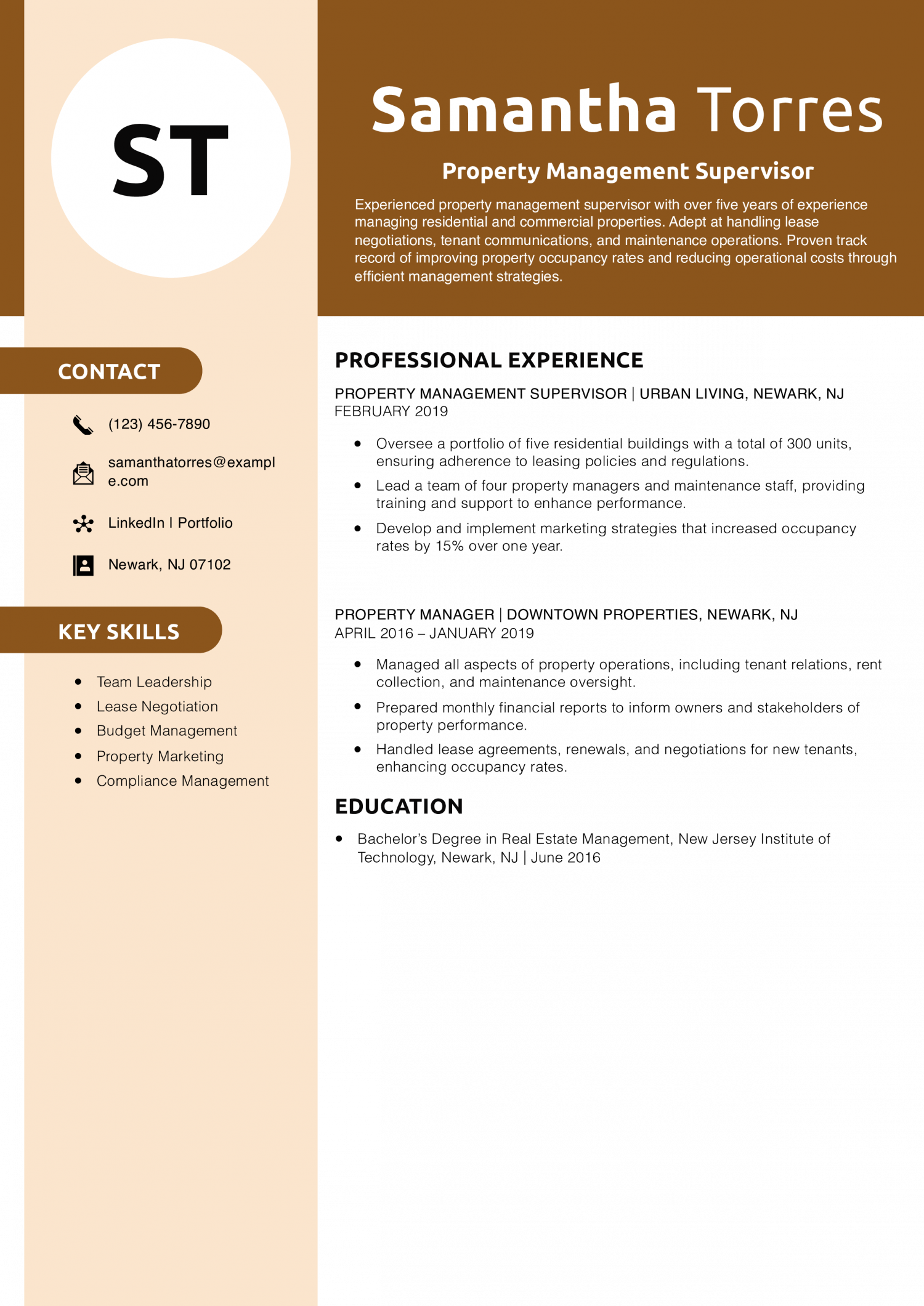 Property Management Supervisor Resume Example