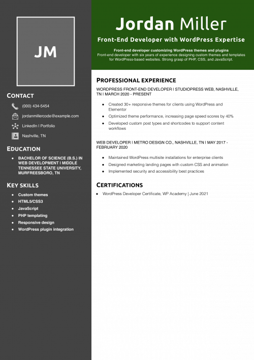 Front-End Developer with WordPress Expertise Resume 