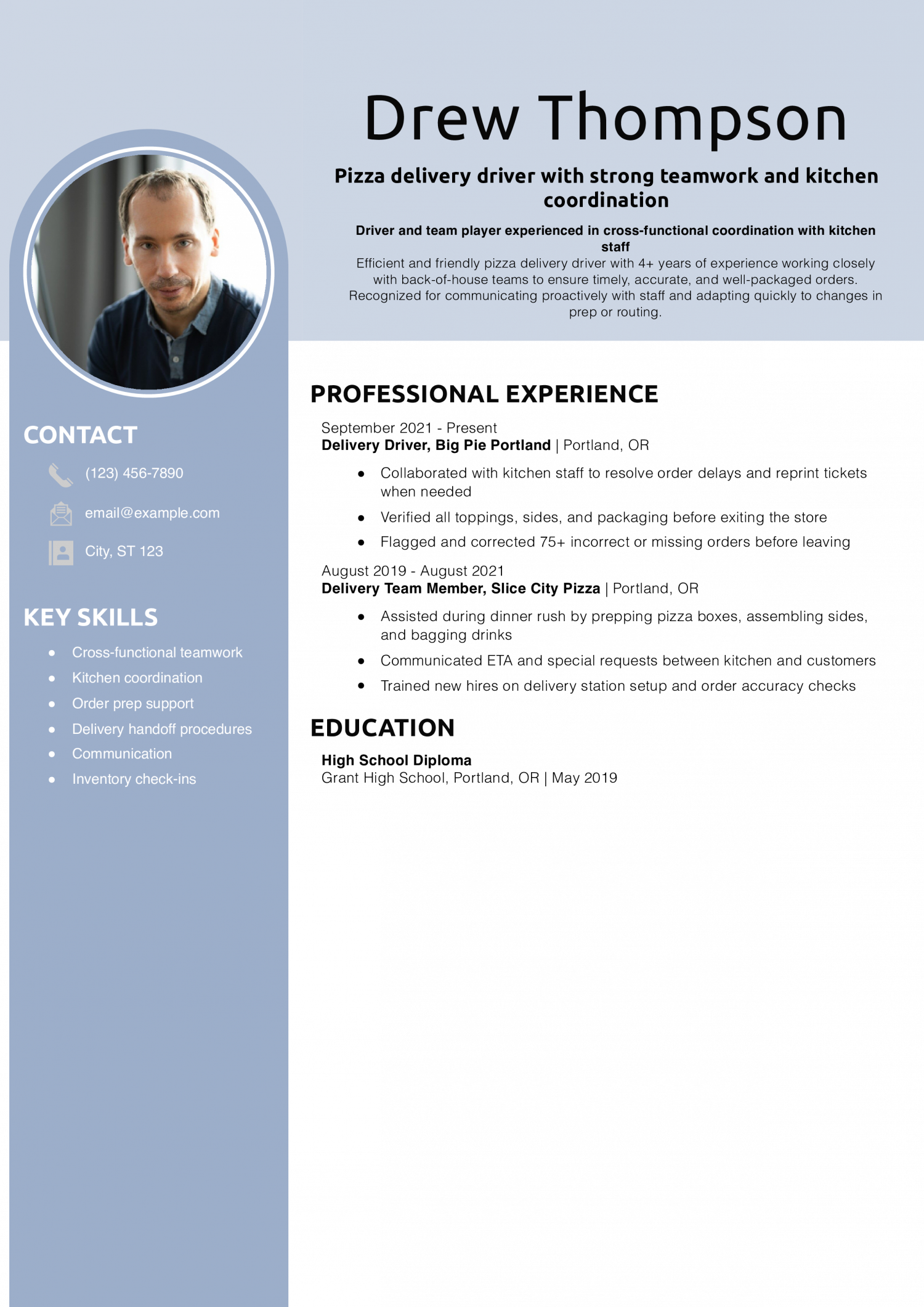 Pizza delivery driver with strong teamwork and kitchen coordination resume example
