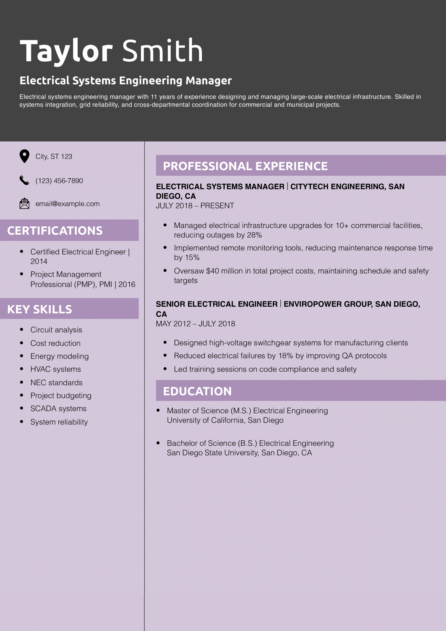 Electrical Systems Engineering Manager Resume Example