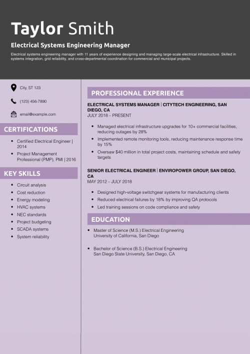 Electrical Systems Engineering Manager Resume Example