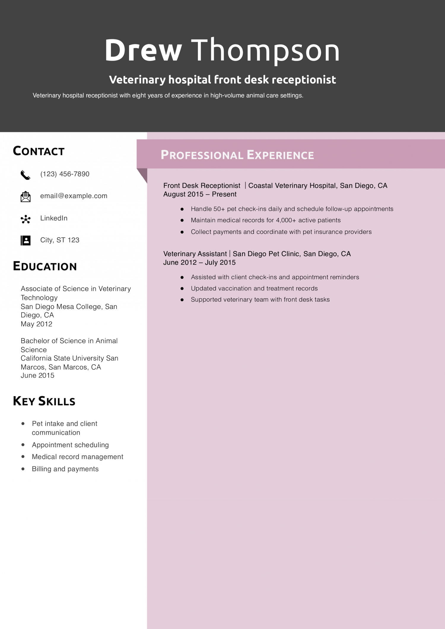 Veterinary hospital front desk receptionist resume example