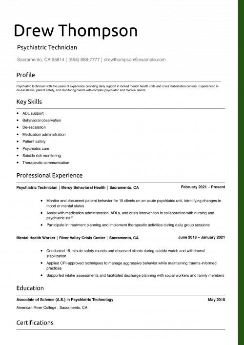 Psychiatric Technician Resume