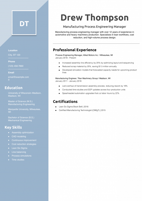 Manufacturing Process Engineering Manager Resume Example