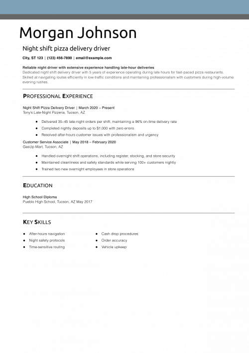Night shift pizza delivery driver resume example