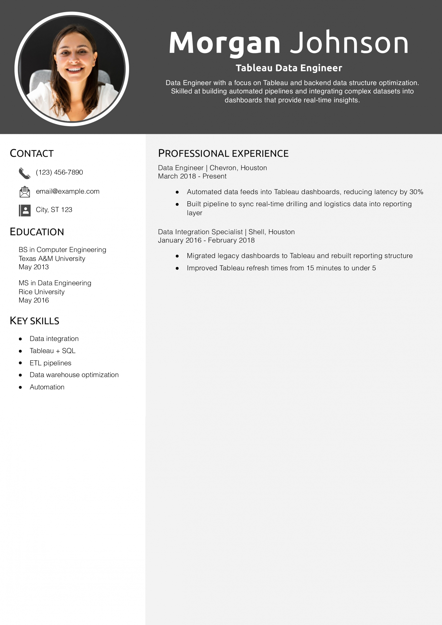 Tableau Data Engineer Resume Example