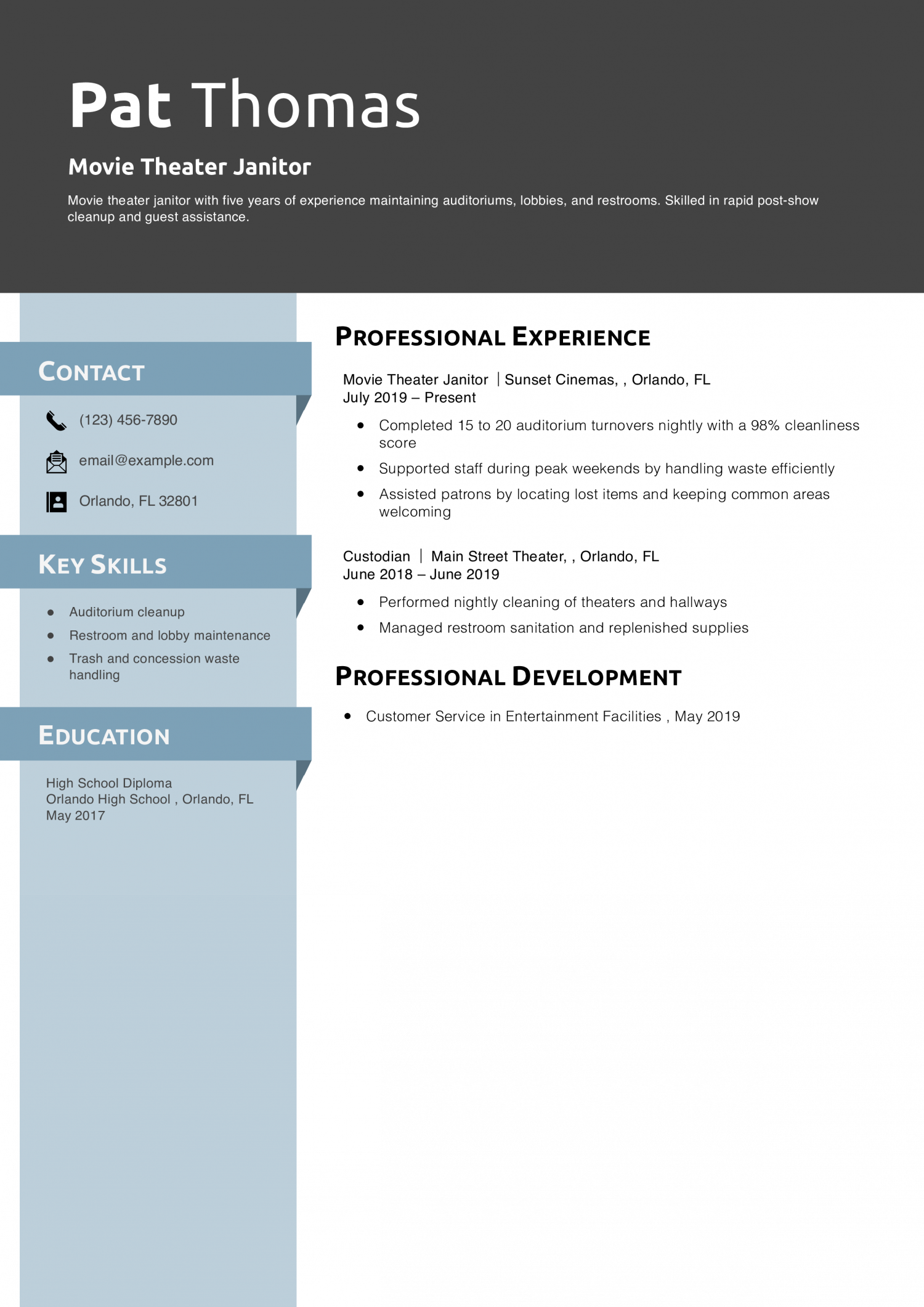 Movie Theater Janitor Resume Example