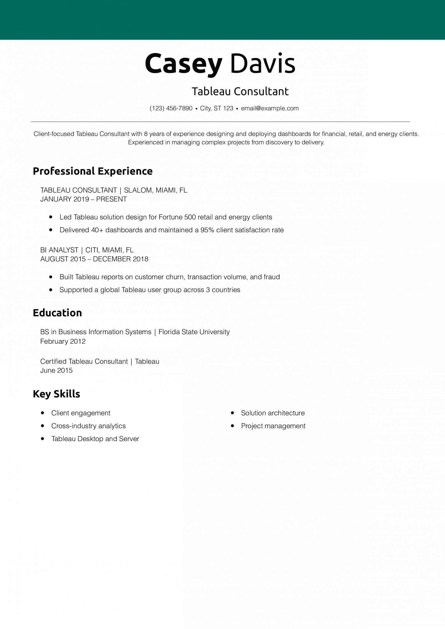 Tableau Consultant Resume Example
