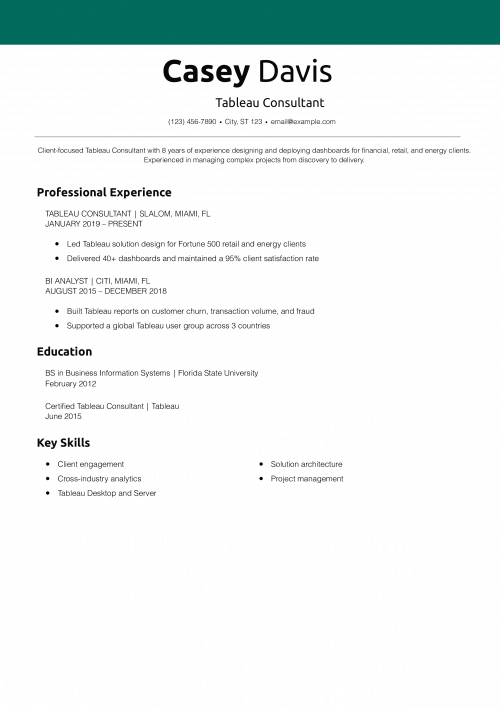 Tableau Consultant Resume Example