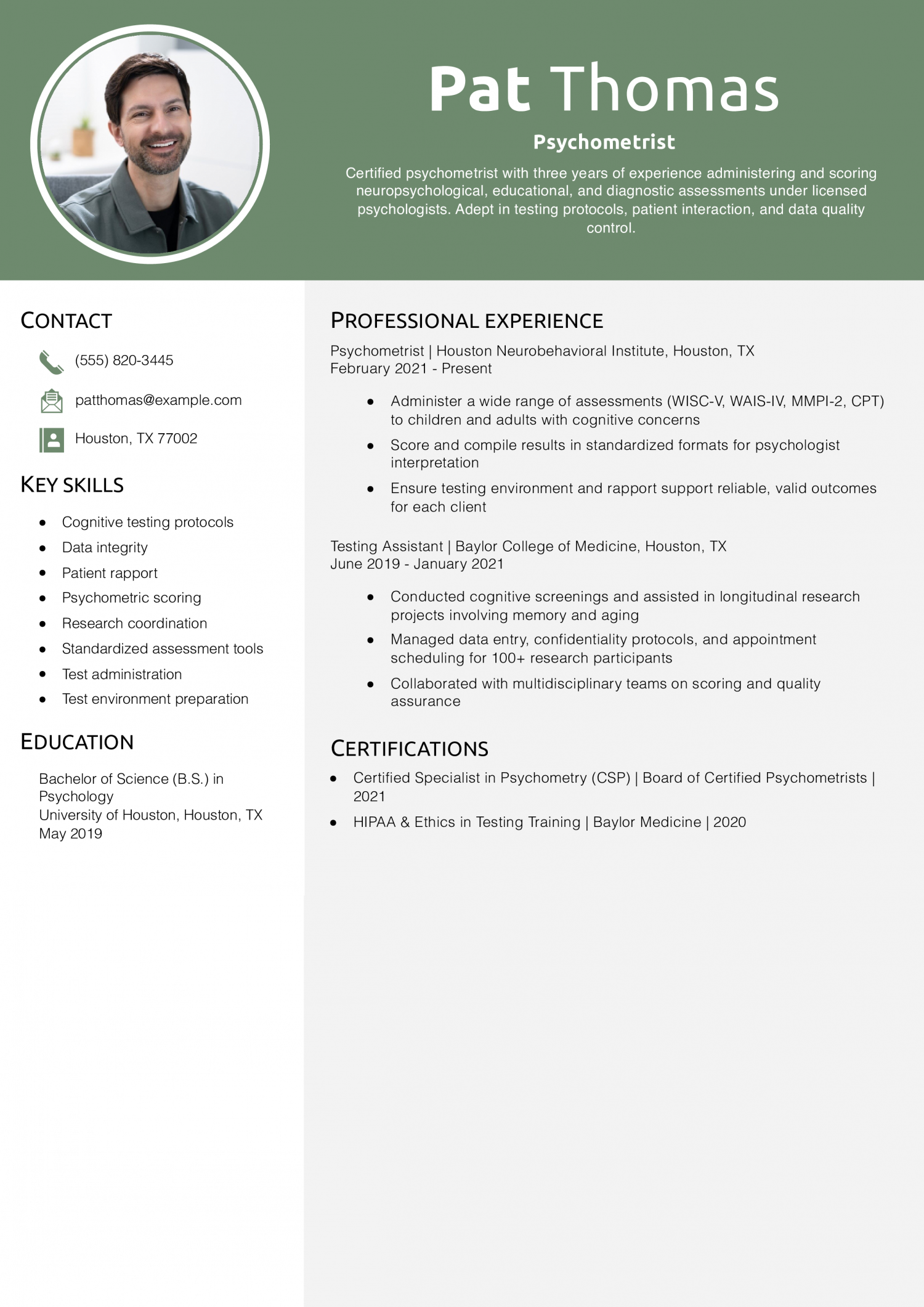 Psychometrist Resume