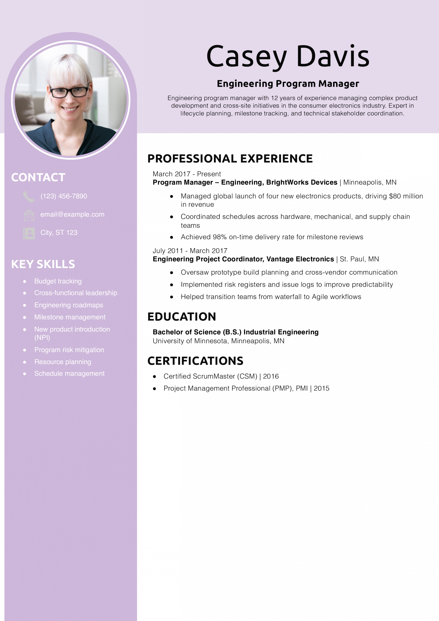 Engineering Program Manager Resume Example