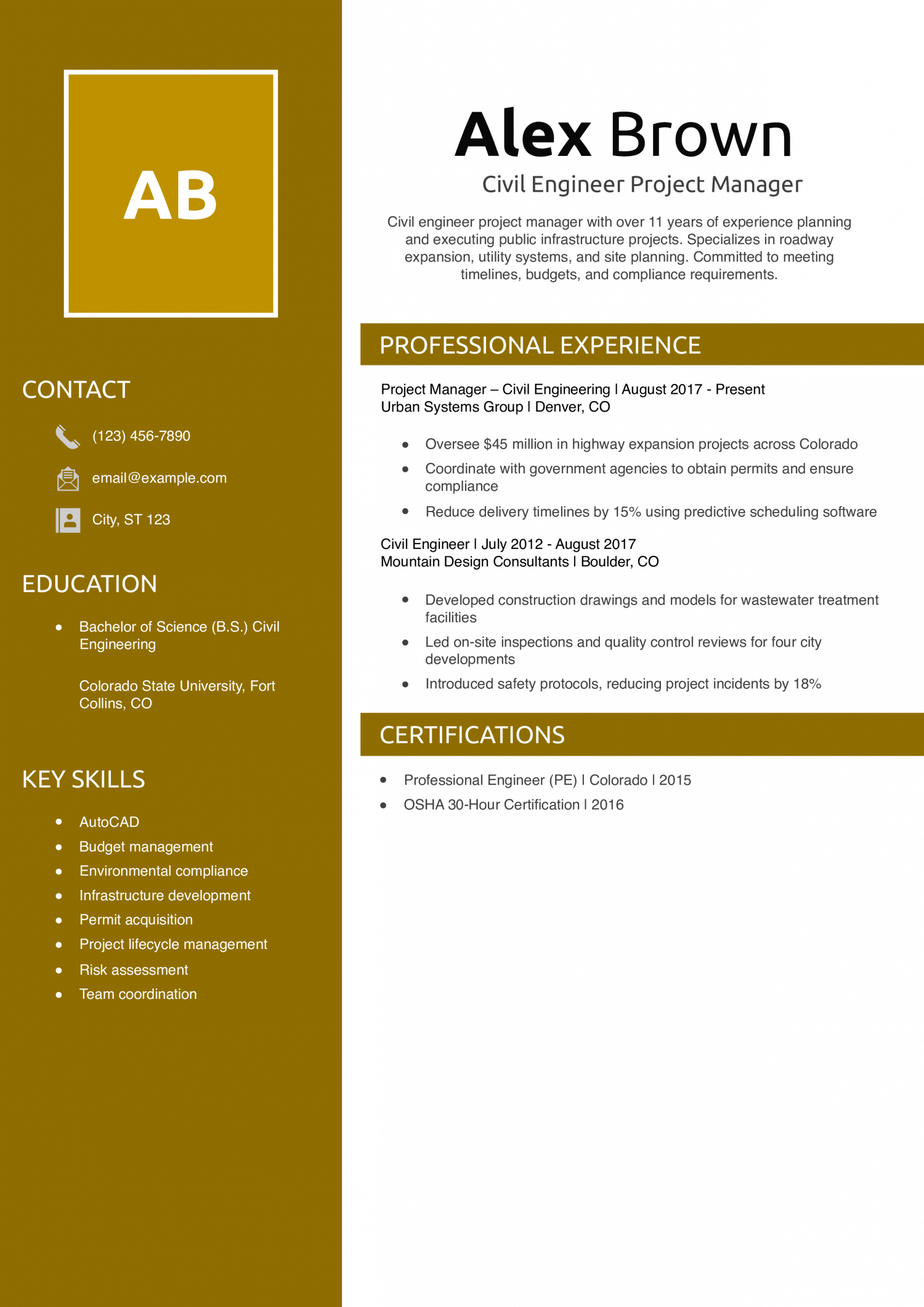 Civil Engineer Project Manager Resume Example