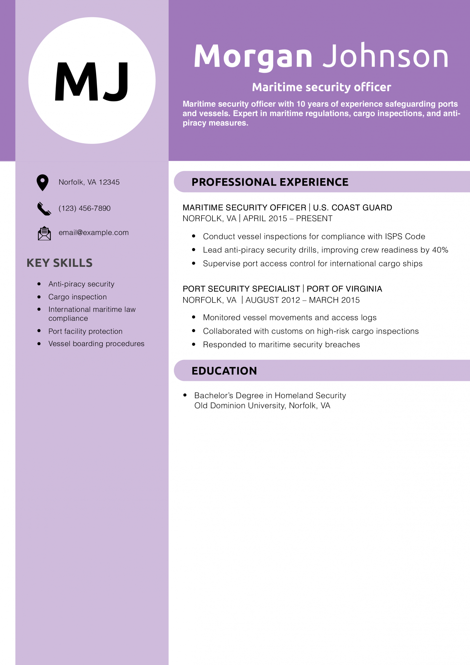 Maritime security officer resume example