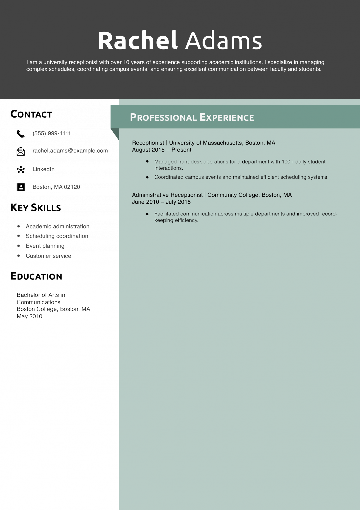 University Receptionist Resume Example