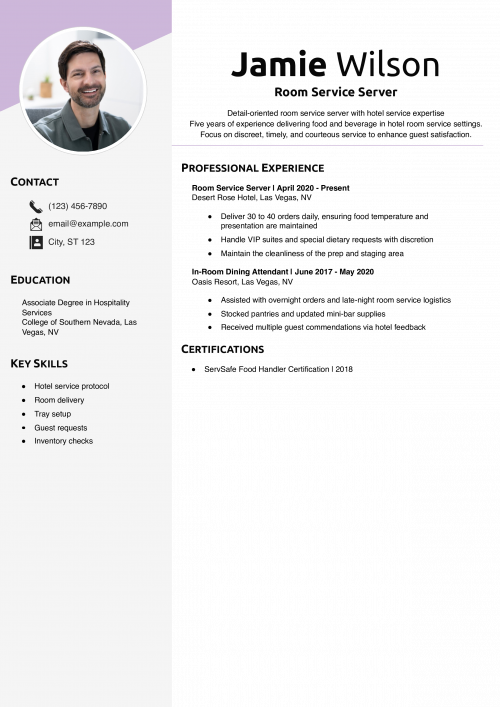 Room Service Server Resume Example