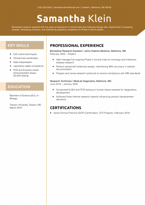 Biomedical Research Assistant Resume Example