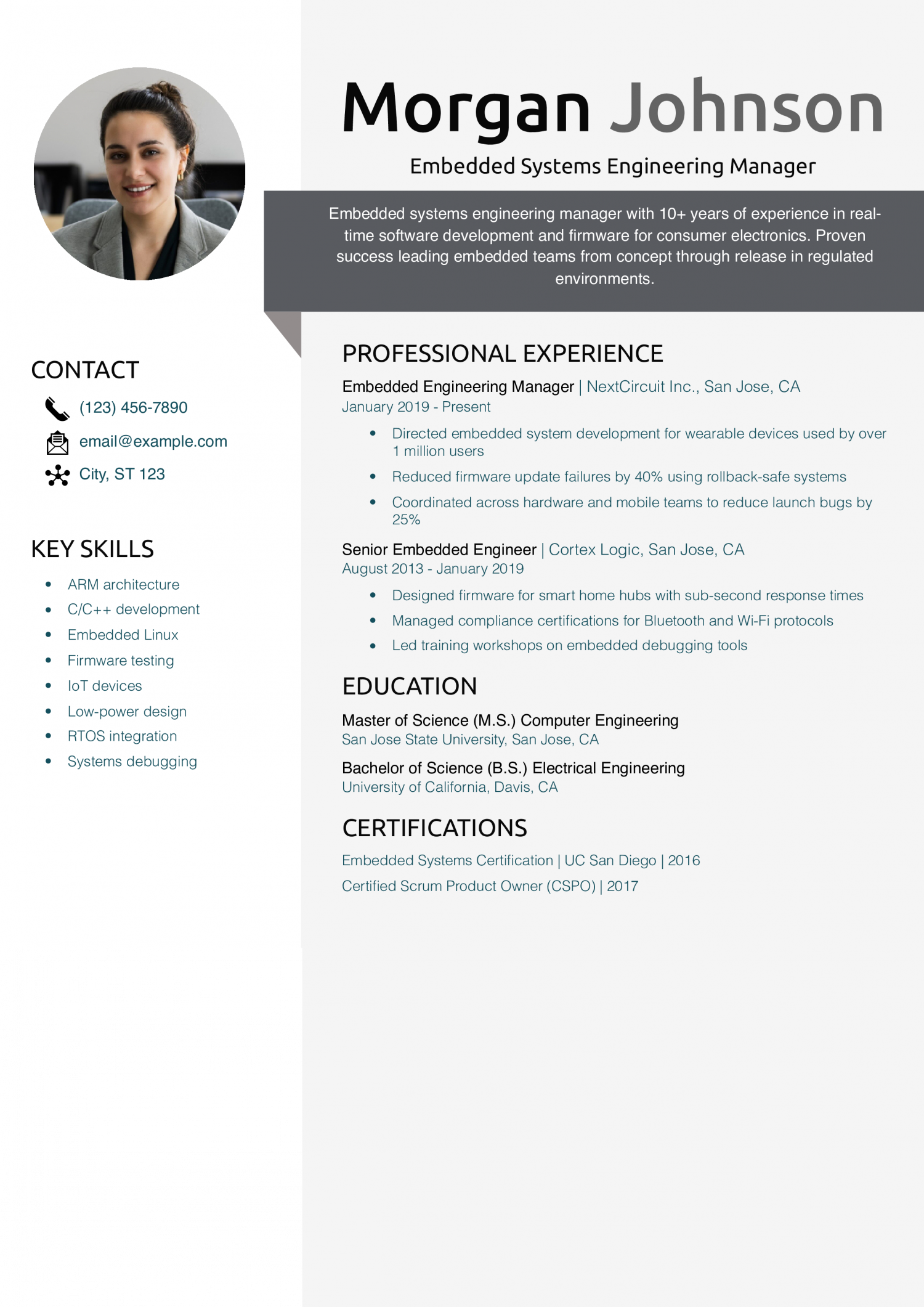 Embedded Systems Engineering Manager Resume Example