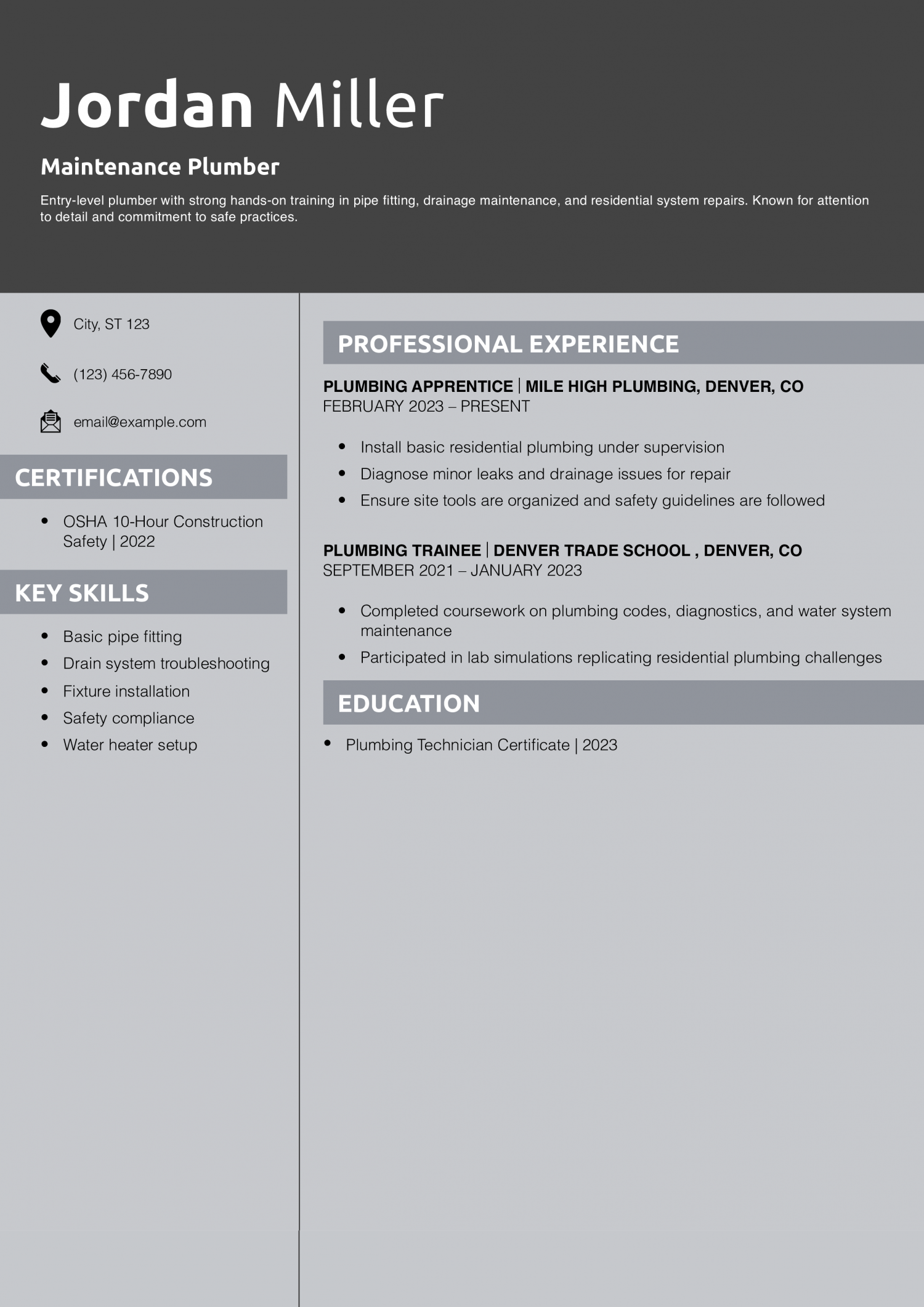 Maintenance Plumber Resume Example