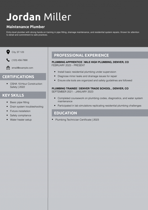Maintenance Plumber Resume Example