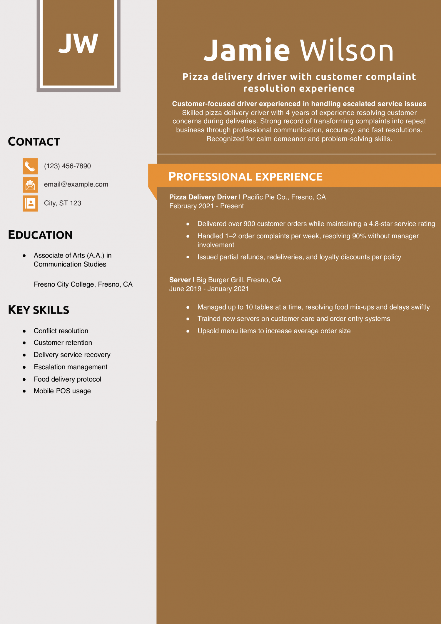 Pizza delivery driver with customer complaint resolution experience Resume Example