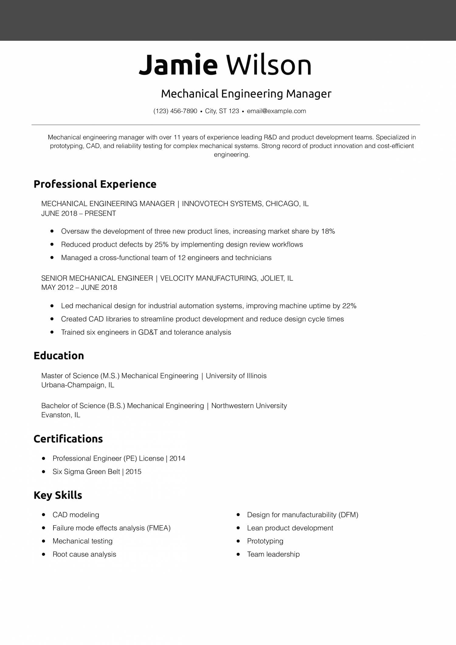 Mechanical Engineering Manager Resume Example