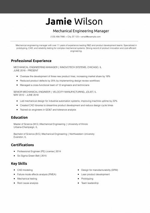Mechanical Engineering Manager Resume Example