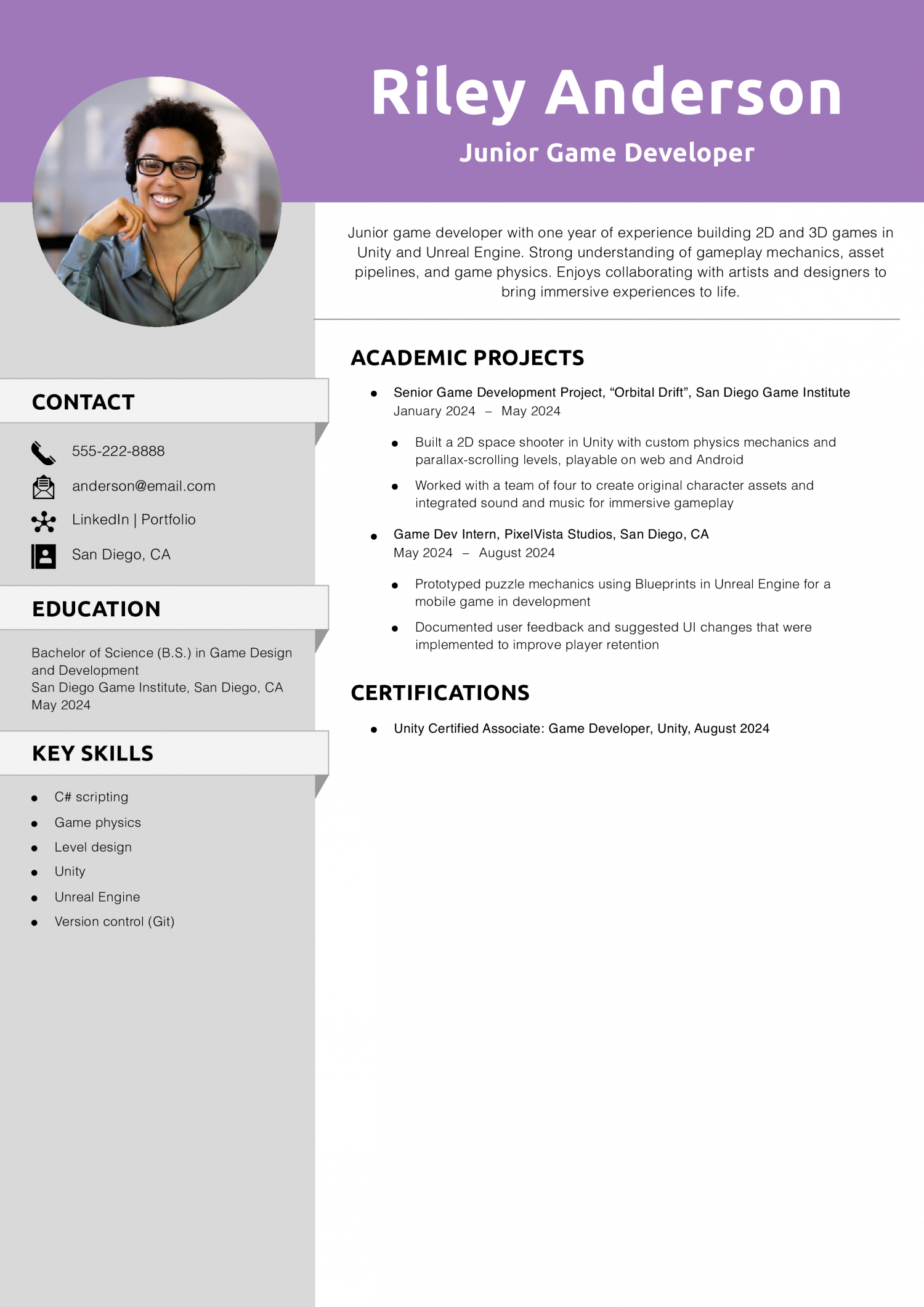 Junior Game Developer Resume 