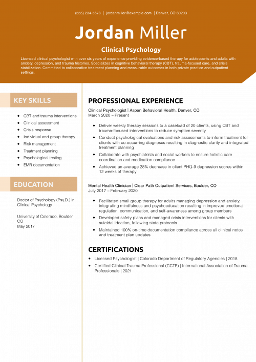 Clinical Psychology Resume