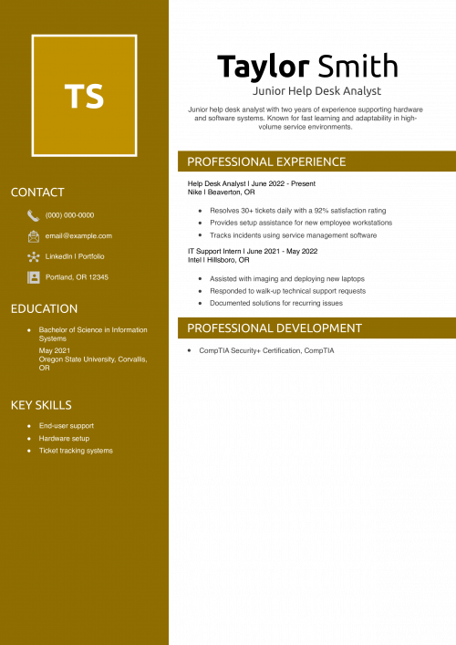 Junior Help Desk Analyst Resume Example 