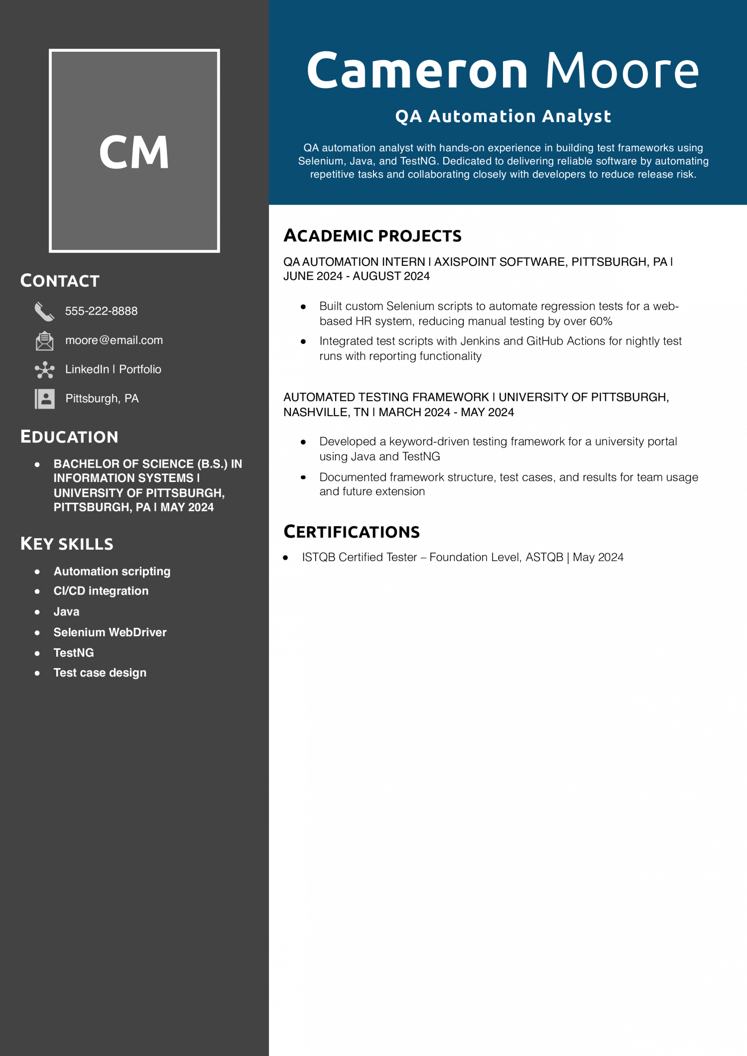 QA Automation Analyst Resume 