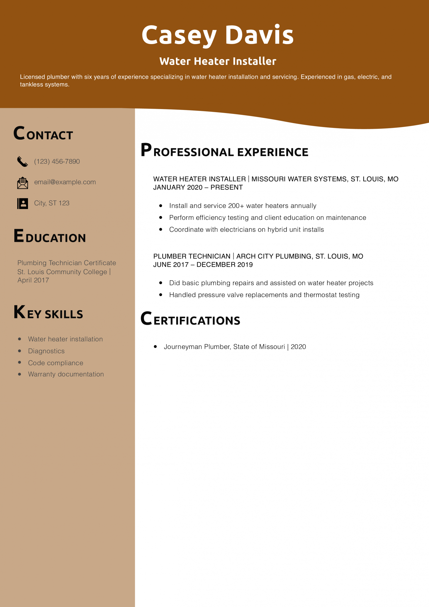 Water Heater Installer Resume Example