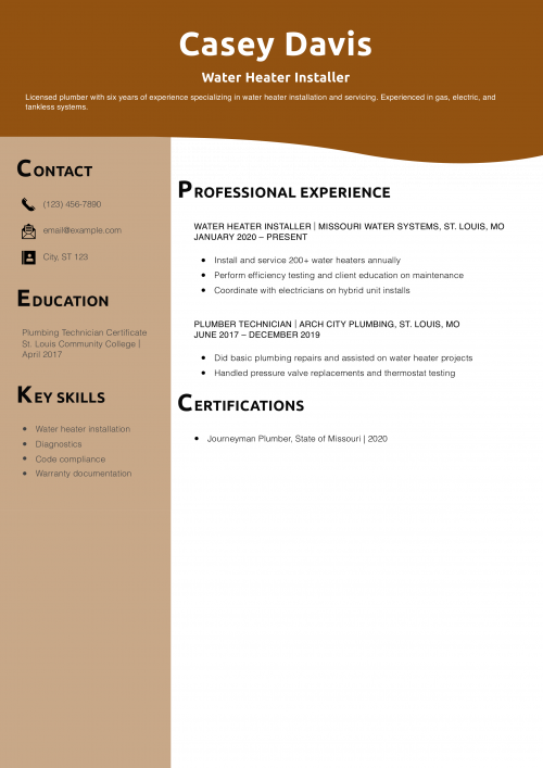 Water Heater Installer Resume Example