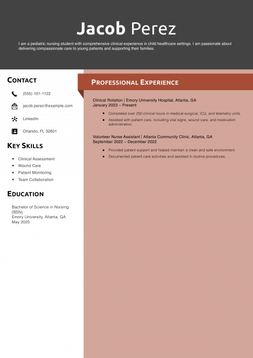 Pediatric Nursing Student Resume Example