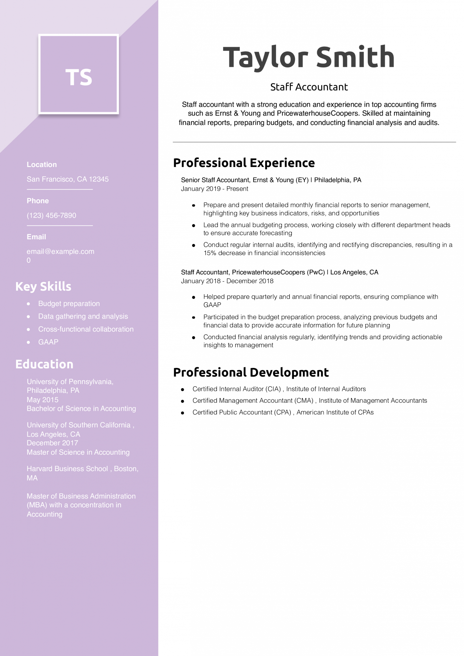 Staff Accountant Resume Example