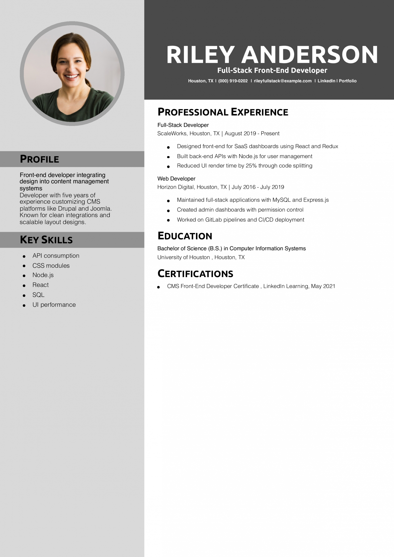 Full-Stack Front-End Developer Resume 