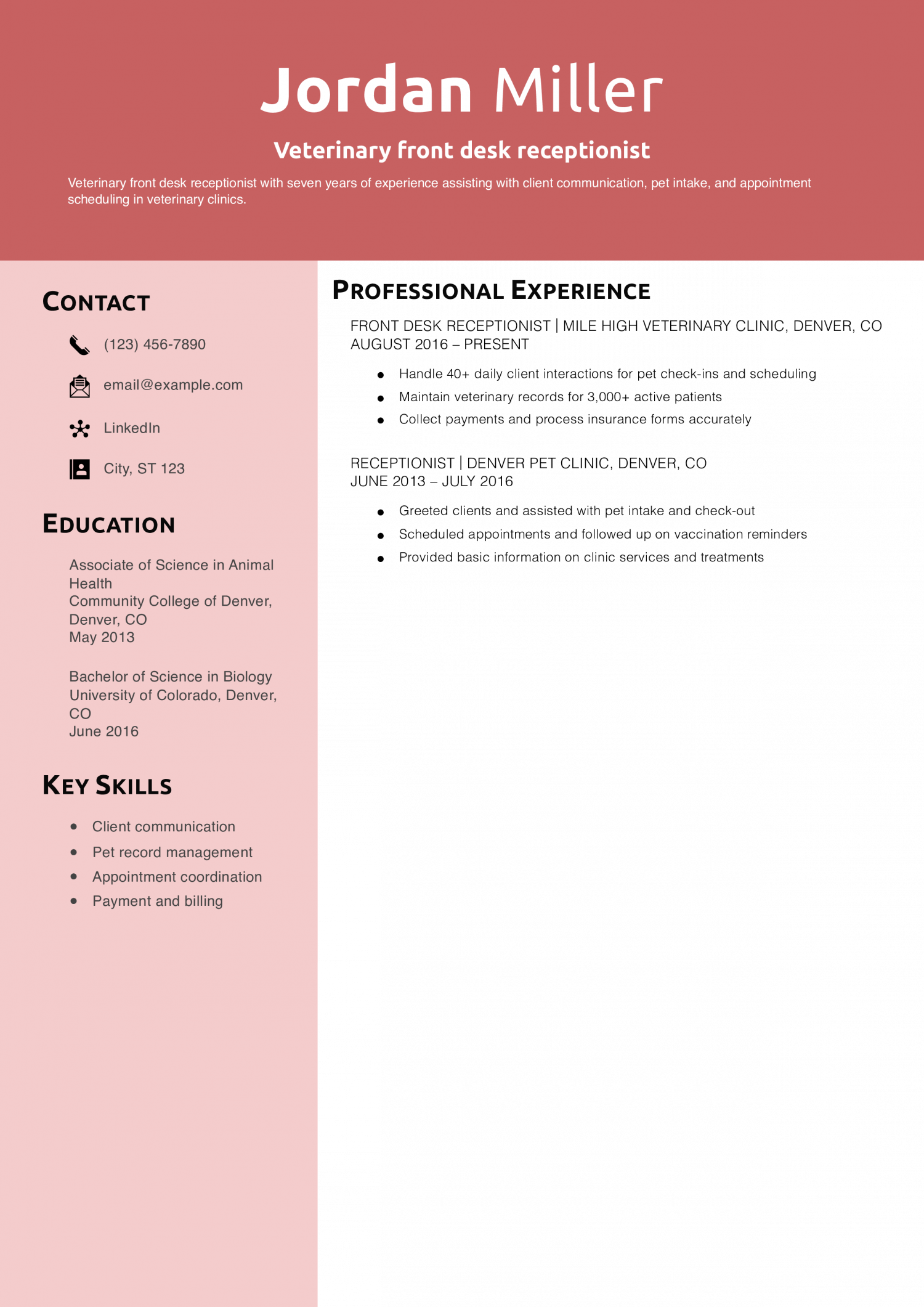 Veterinary front desk receptionist resume example