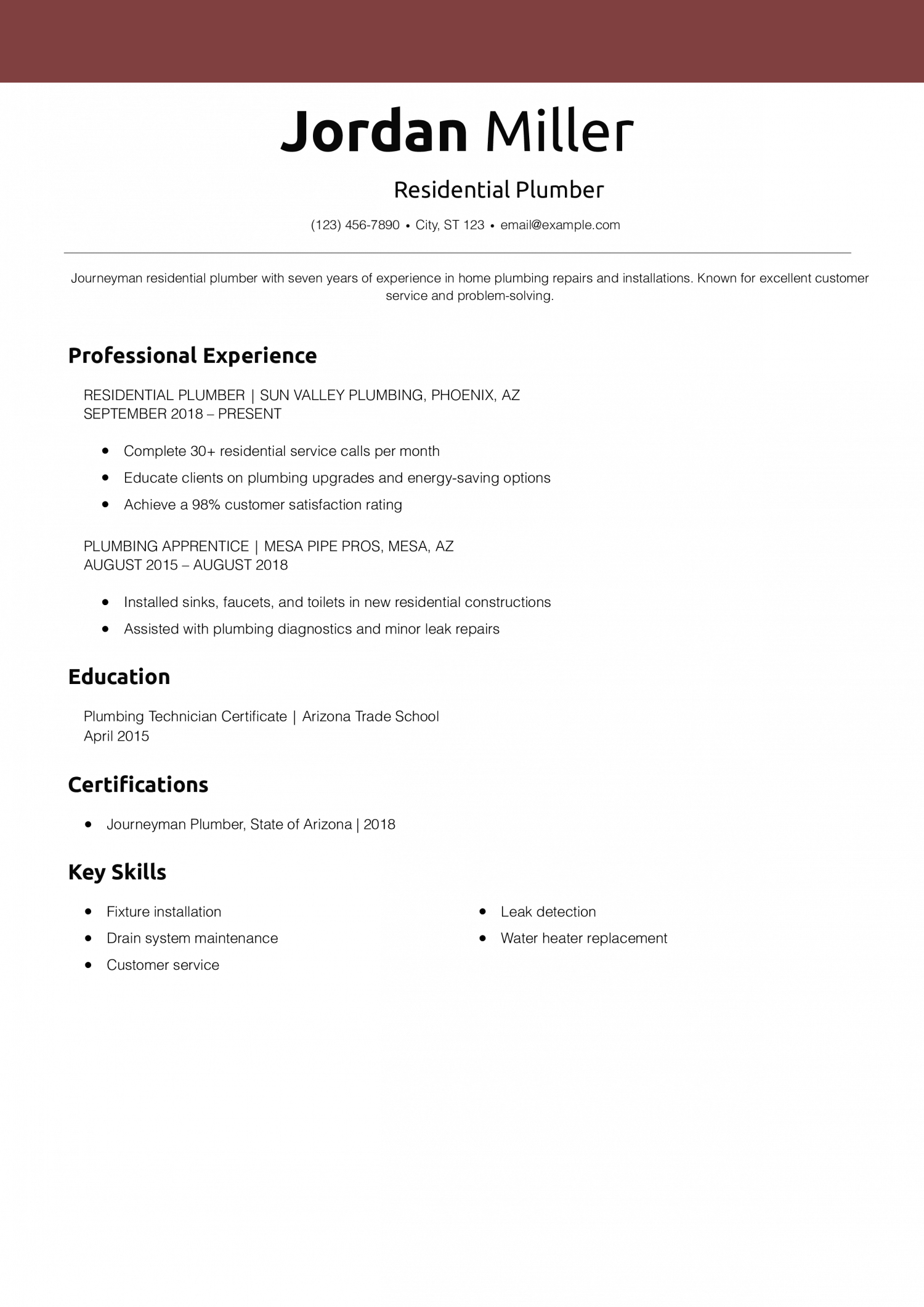 Residential Plumber Resume Example