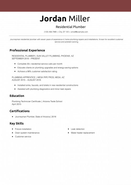 Residential Plumber Resume Example