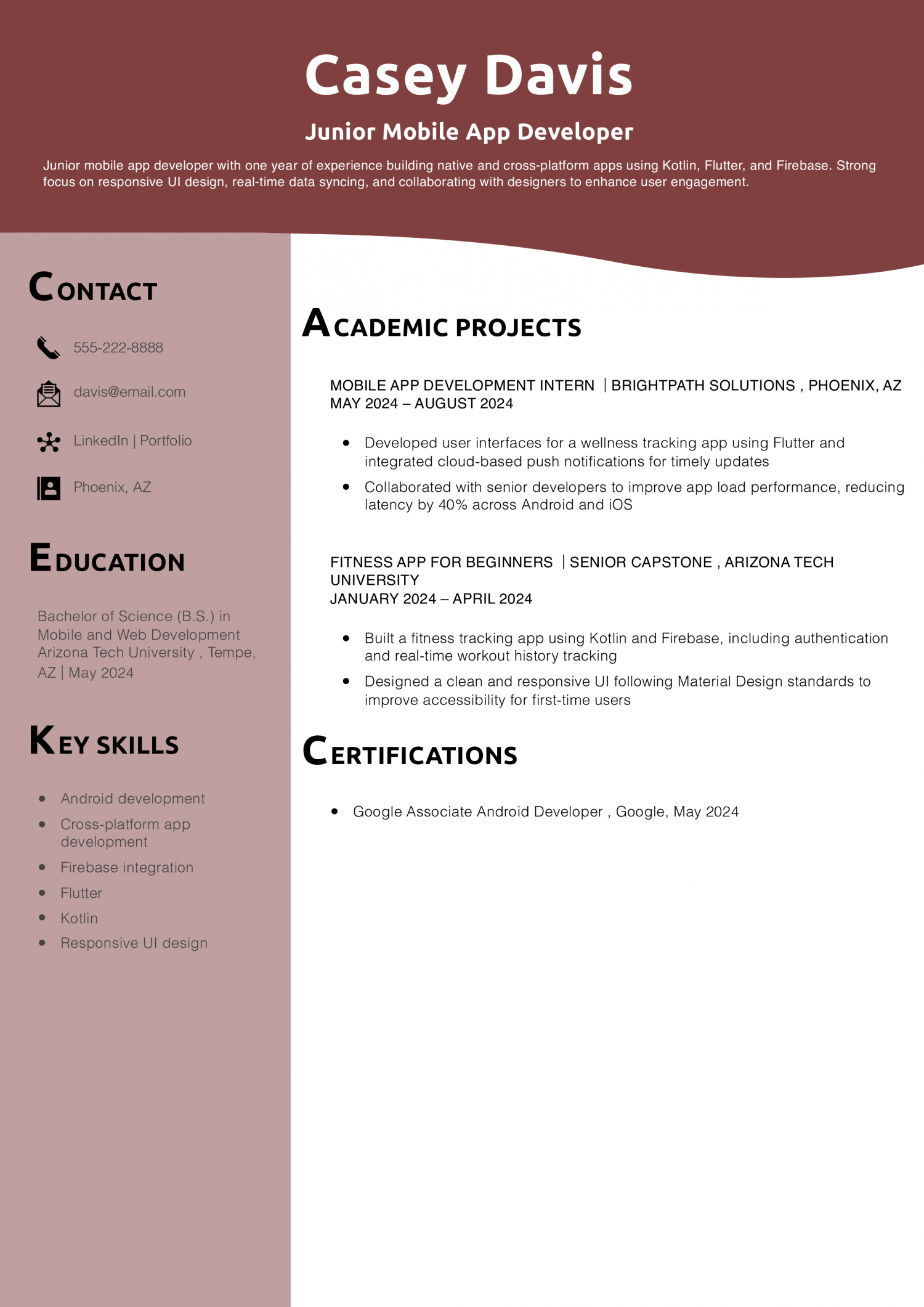 Junior Mobile App Developer Resume 