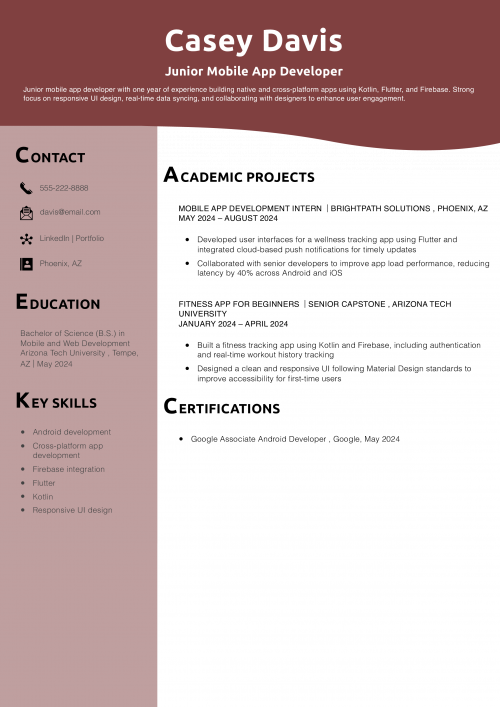 Junior Mobile App Developer Resume 