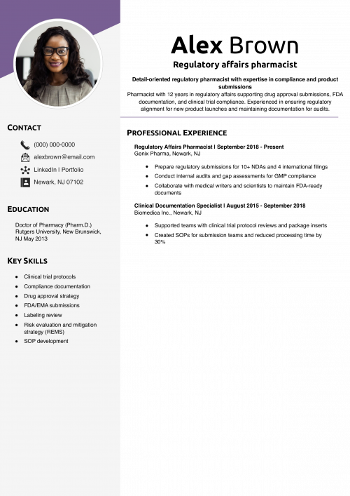 Regulatory affairs pharmacist resume 