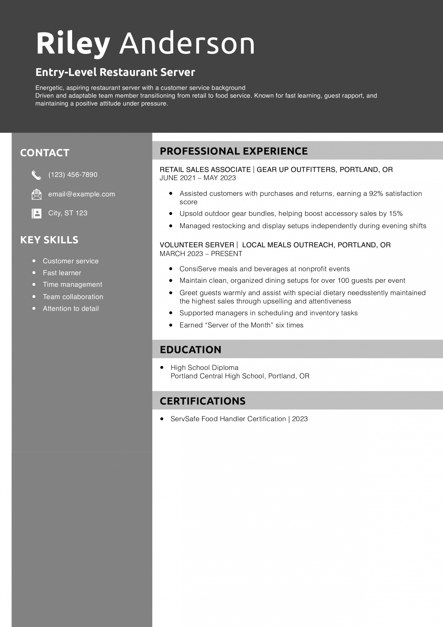 Entry-Level Restaurant Server Resume Example Example