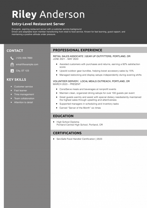 Entry-Level Restaurant Server Resume Example Example