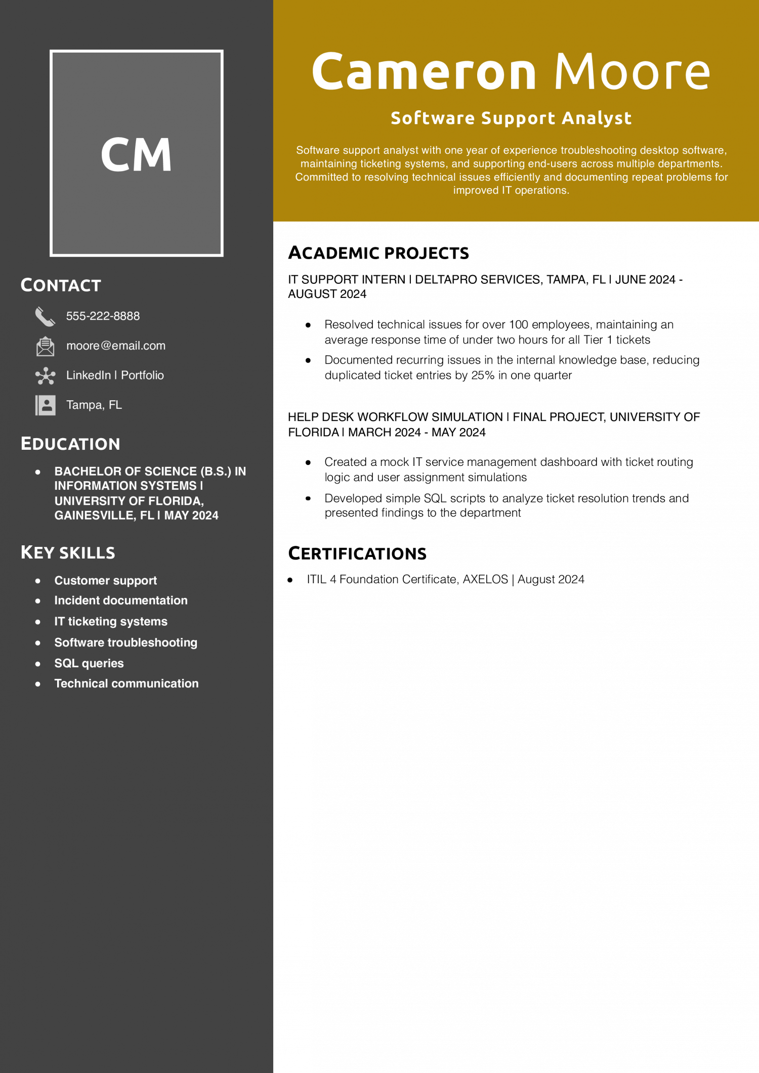 Software Support Analyst Resume 
