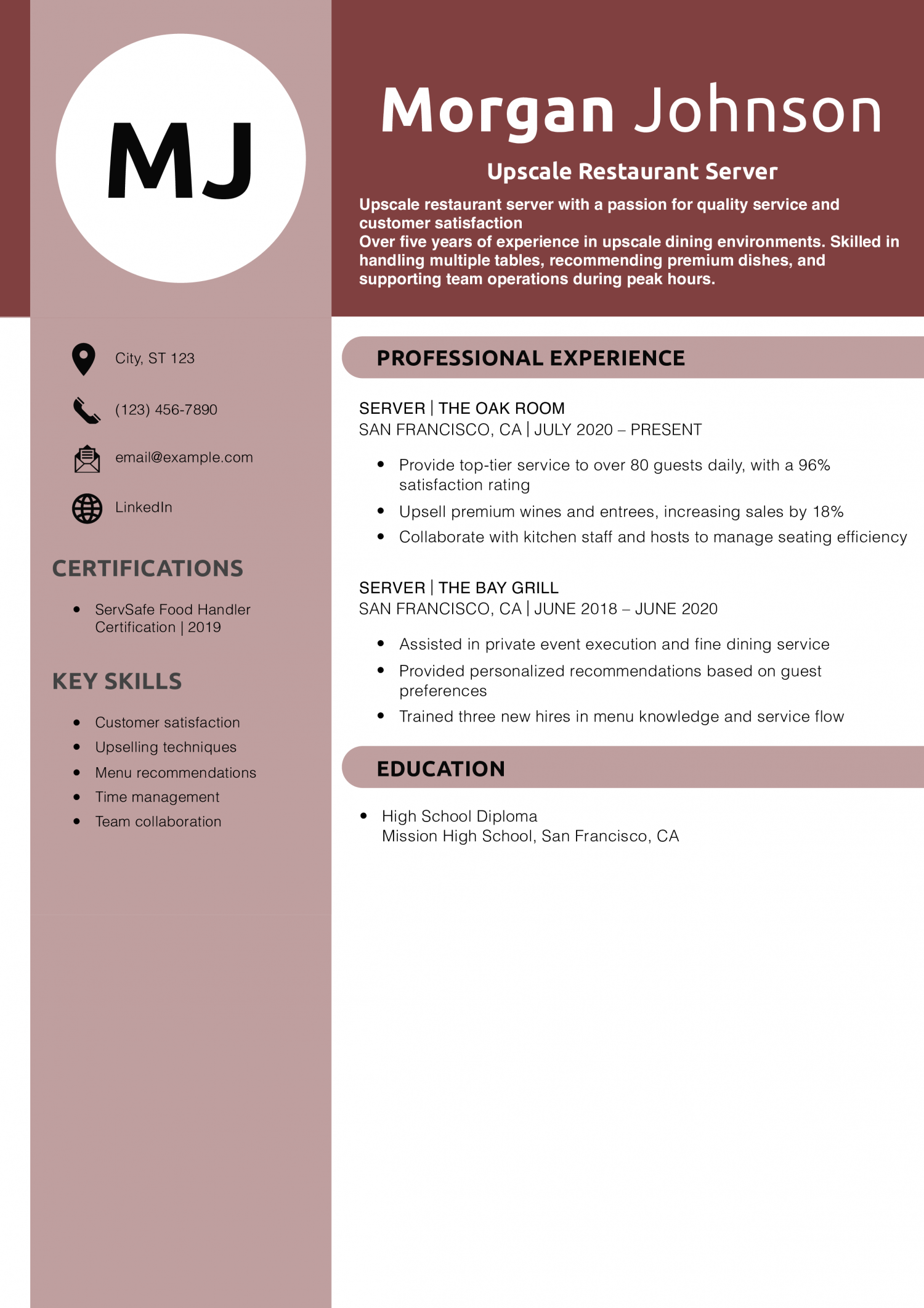 Upscale Restaurant Server Resume Example
